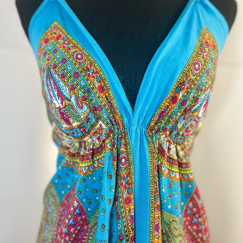 Blue Multicolor Halter Maxi Dress Paisley Boho OS - Picture 6 of 7